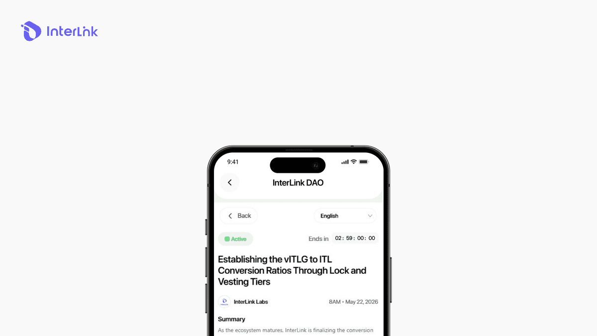 InterLink 모바일 앱 인터페이스에서 활성 DAO 제안에 대한 검증된 사람 노드의 투표 현황을 보여줍니다.