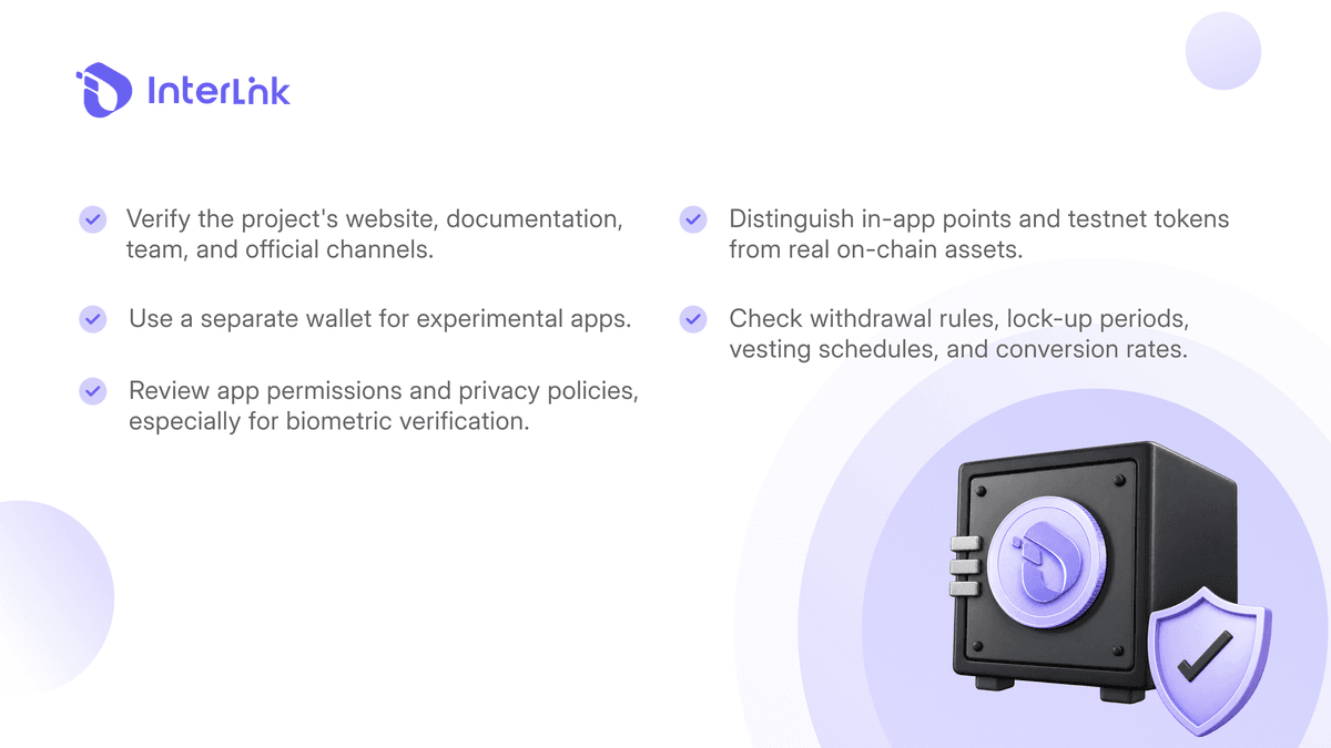 InterLink Human Node model showing biometric verification, daily check-ins, and Mini-App earning opportunities.